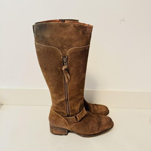 Born Boots Womens 8 Brown Suede Tall Zipper Strap Block Heel Riding Comfort - Picture 1 of 12